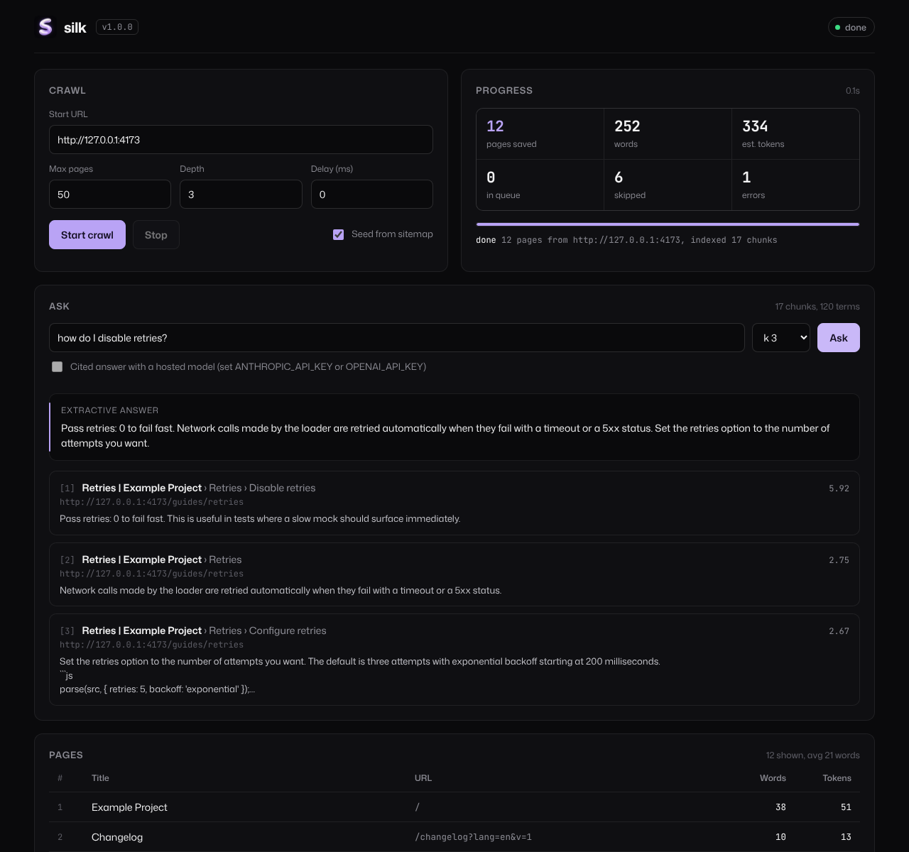 silk dashboard showing crawl progress, an extractive answer and the page table